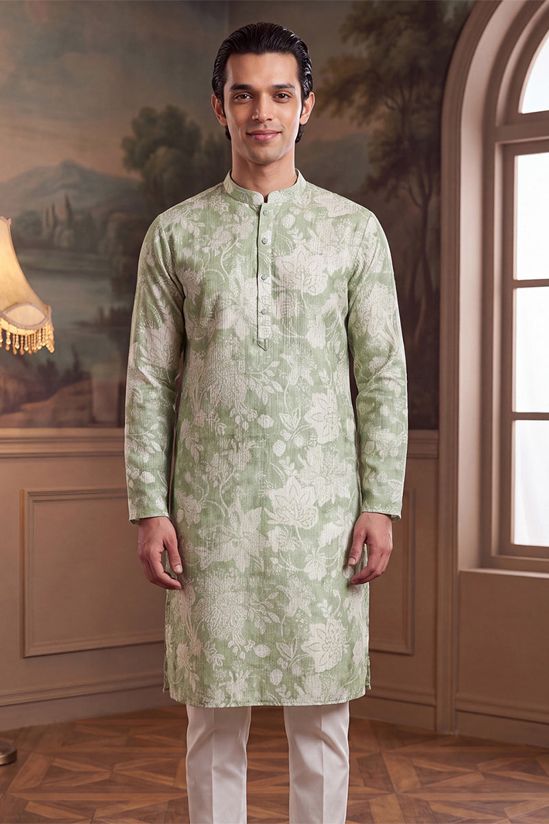 Green Linen Blend Floral Printed Kurta MKU2628
