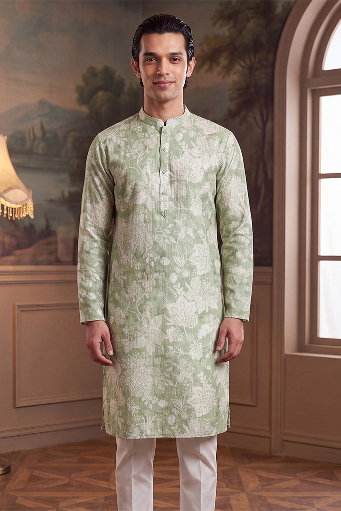 Green Linen Blend Floral Printed Kurta MKU2628