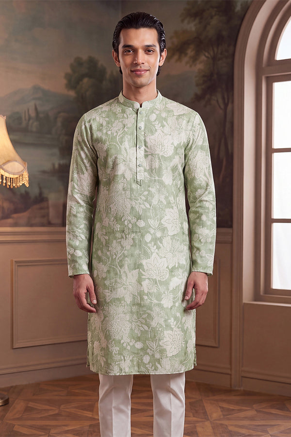 Green Linen Blend Floral Printed Kurta MKU2628
