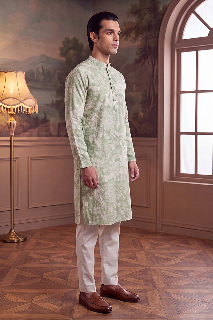 Green Linen Blend Floral Printed Kurta MKU2628