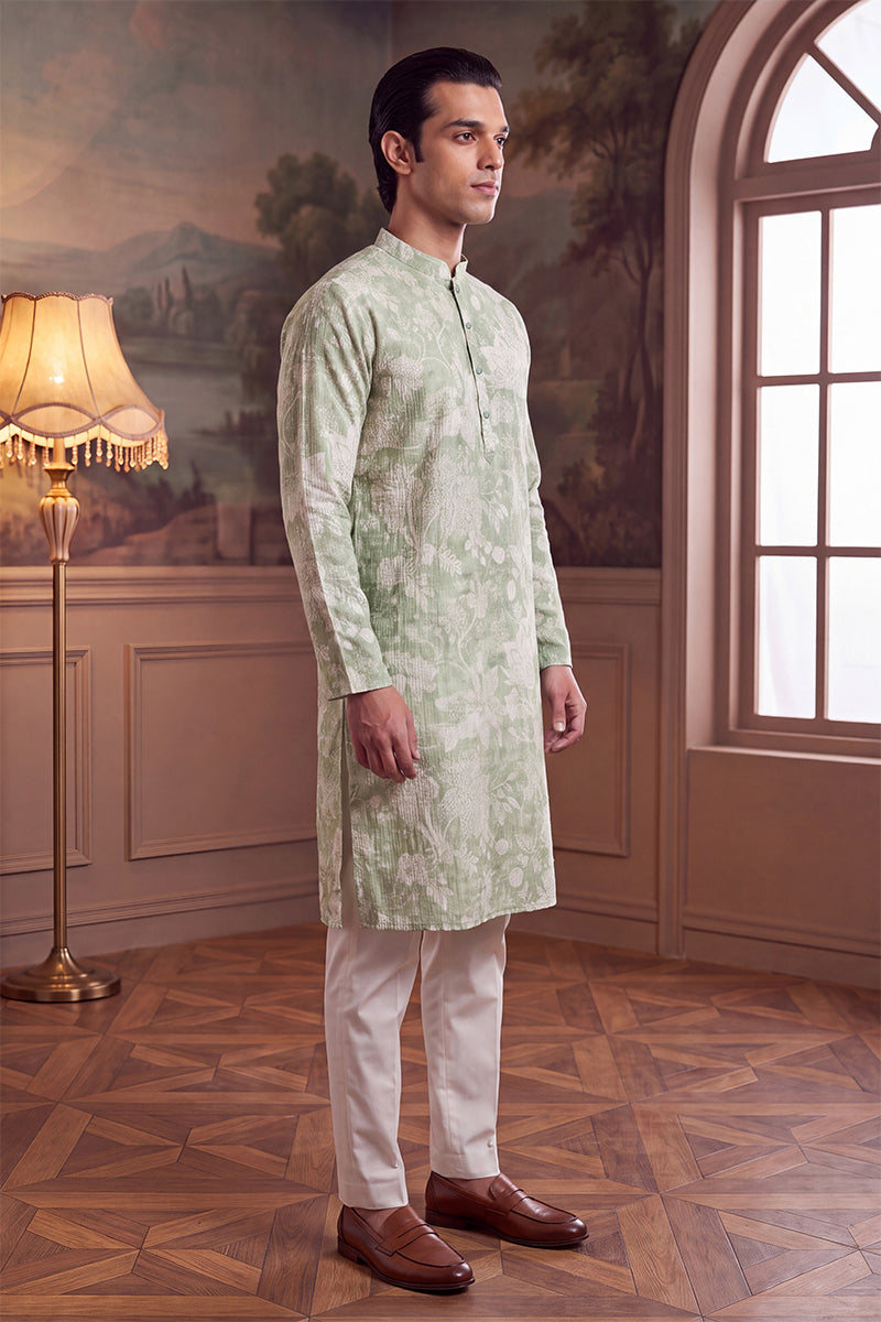 Green Linen Blend Floral Printed Kurta With Trouser MKSET2628