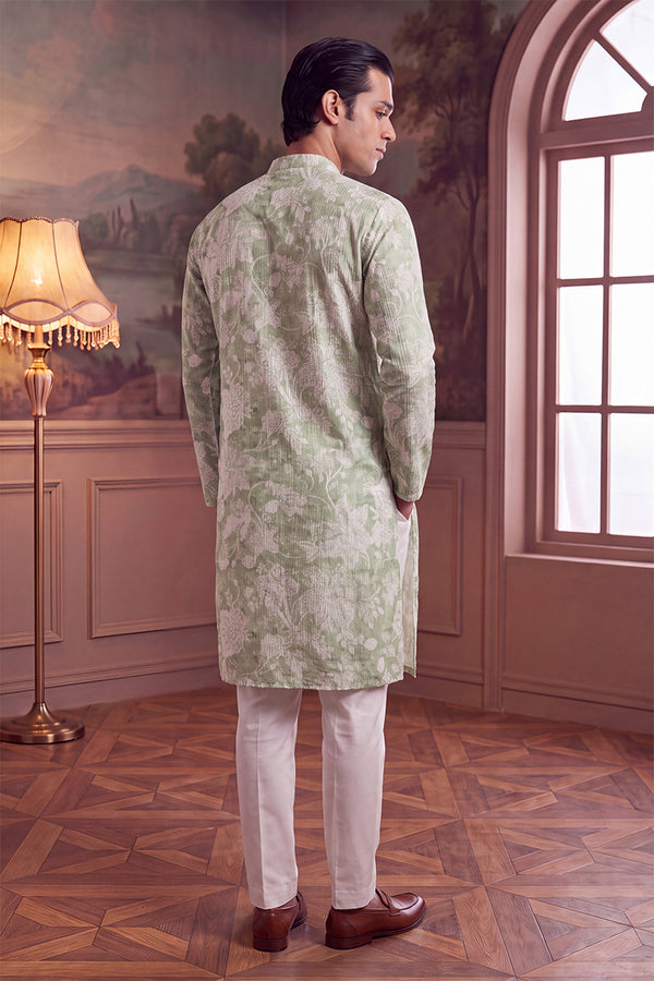 Green Linen Blend Floral Printed Kurta MKU2628