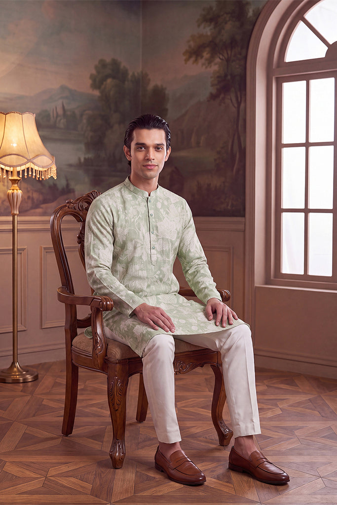 Green Linen Blend Floral Printed Kurta MKU2628