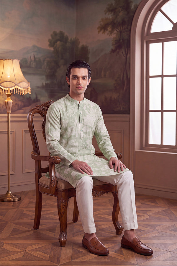Green Linen Blend Floral Printed Kurta With Trouser MKSET2628