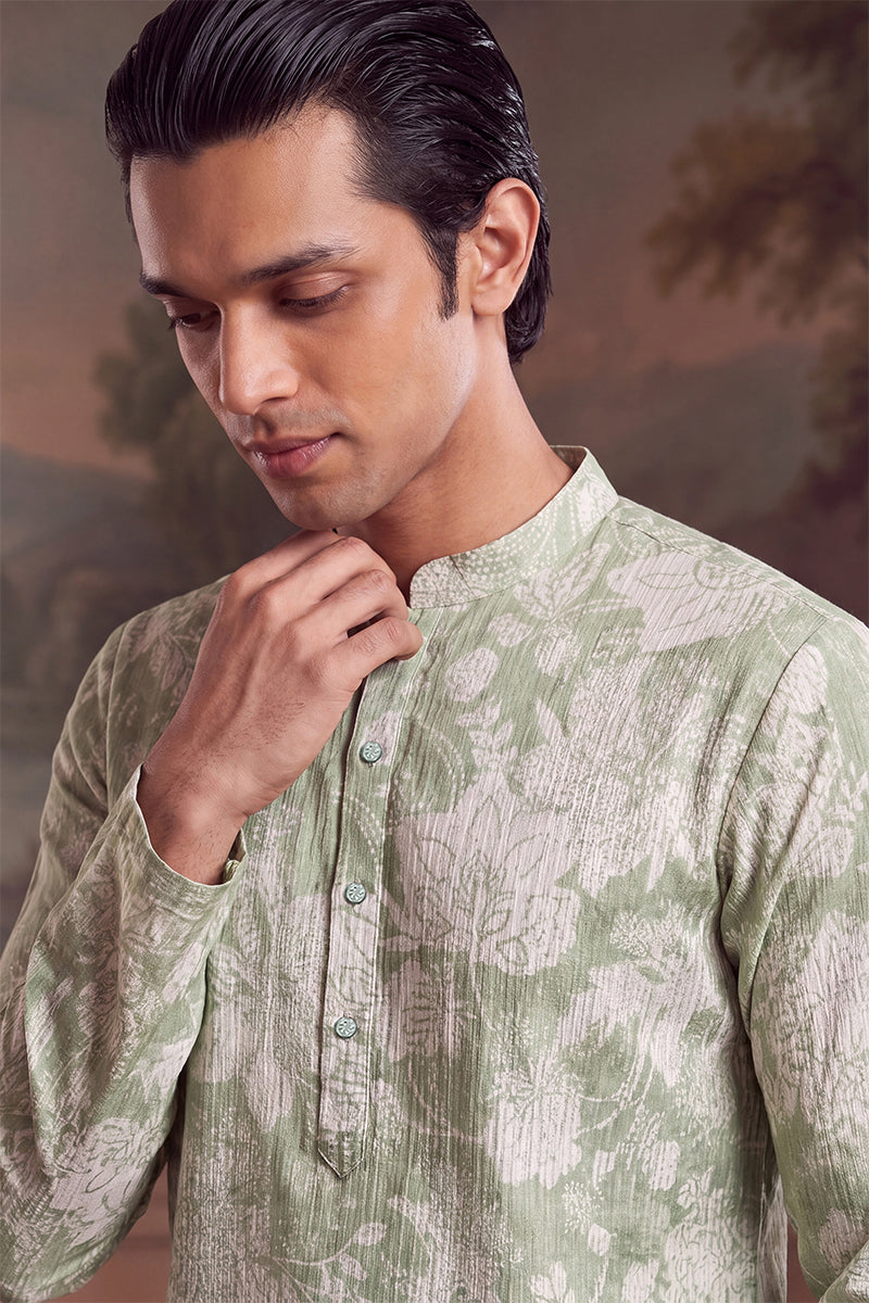 Green Linen Blend Floral Printed Kurta MKU2628