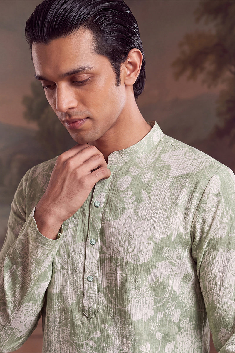 Green Linen Blend Floral Printed Kurta MKU2628