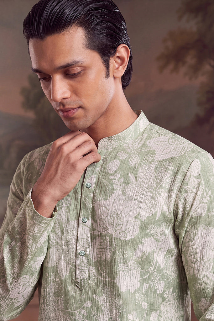 Green Linen Blend Floral Printed Kurta MKU2628
