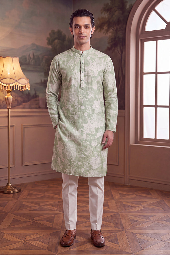 Green Linen Blend Floral Printed Kurta MKU2628