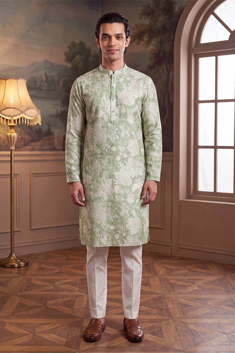 Green Linen Blend Floral Printed Kurta MKU2628