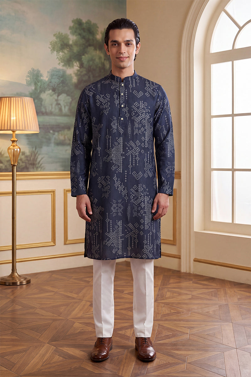 Blue Linen Blend Ethnic Motifs Printed Kurta With Trouser MKSET2630