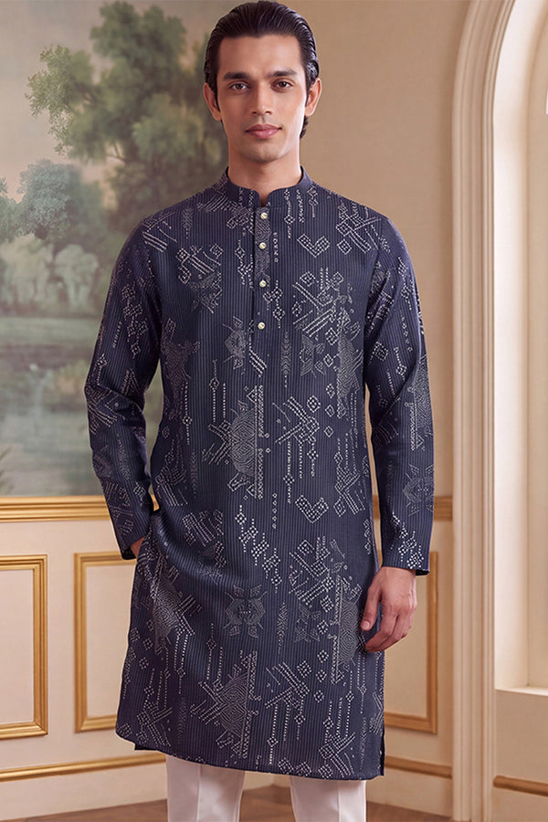 Blue Linen Blend Ethnic Motifs Printed Kurta MKU2630