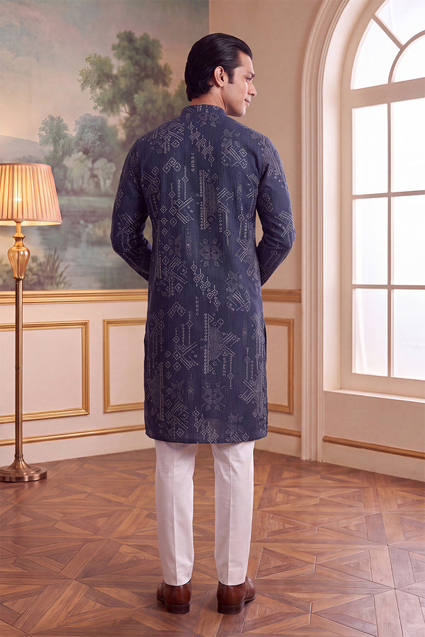 Blue Linen Blend Ethnic Motifs Printed Kurta MKU2630