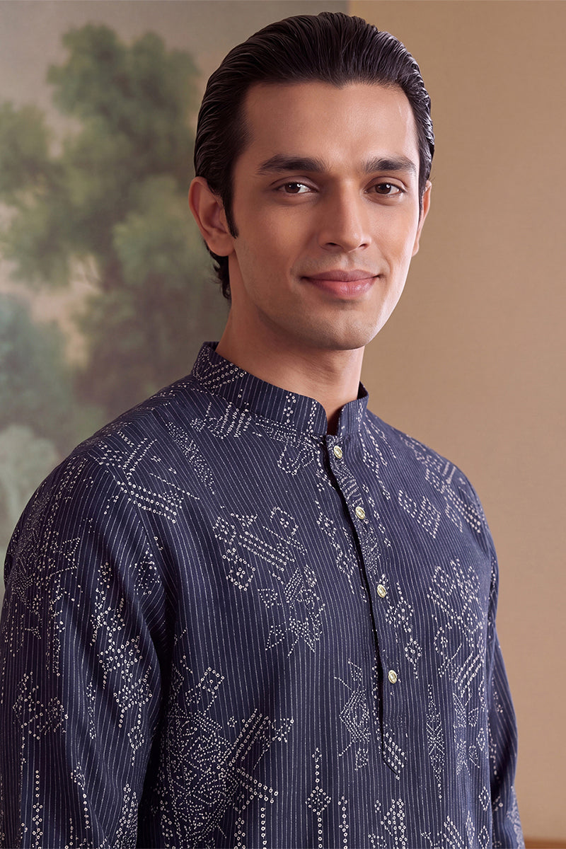 Blue Linen Blend Ethnic Motifs Printed Kurta MKU2630
