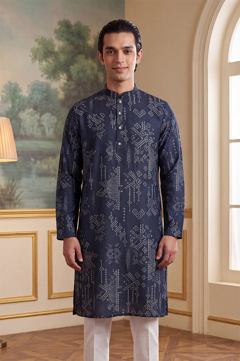 Blue Linen Blend Ethnic Motifs Printed Kurta MKU2630