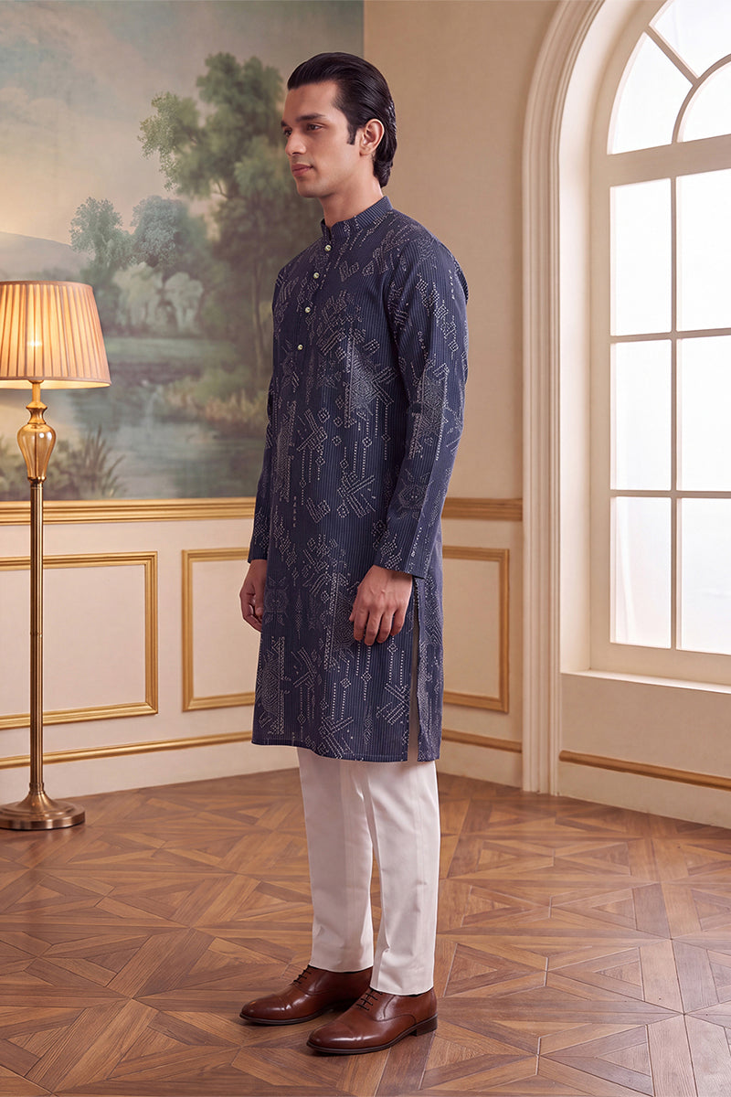Blue Linen Blend Ethnic Motifs Printed Kurta MKU2630
