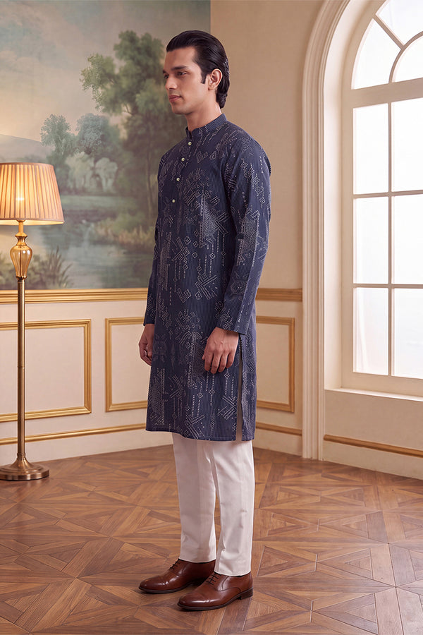 Blue Linen Blend Ethnic Motifs Printed Kurta MKU2630