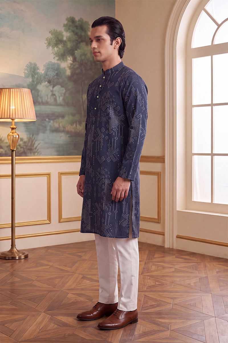 Blue Linen Blend Ethnic Motifs Printed Kurta MKU2630