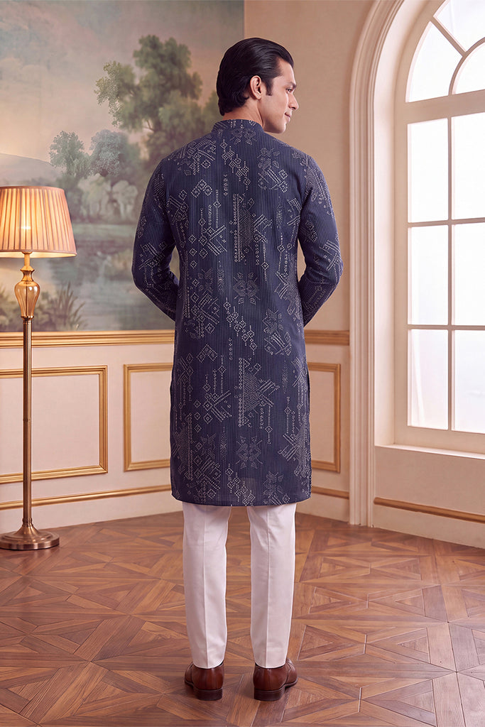 Blue Linen Blend Ethnic Motifs Printed Kurta MKU2630