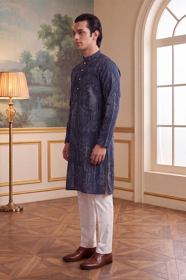 Blue Linen Blend Ethnic Motifs Printed Kurta MKU2630
