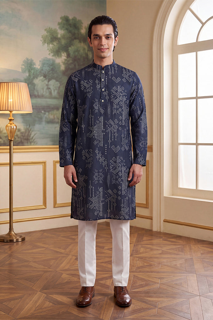 Blue Linen Blend Ethnic Motifs Printed Kurta MKU2630
