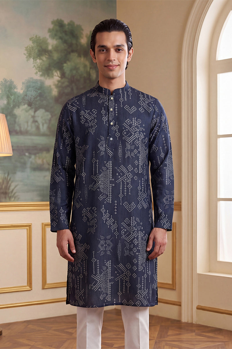 Blue Linen Blend Ethnic Motifs Printed Kurta MKU2630