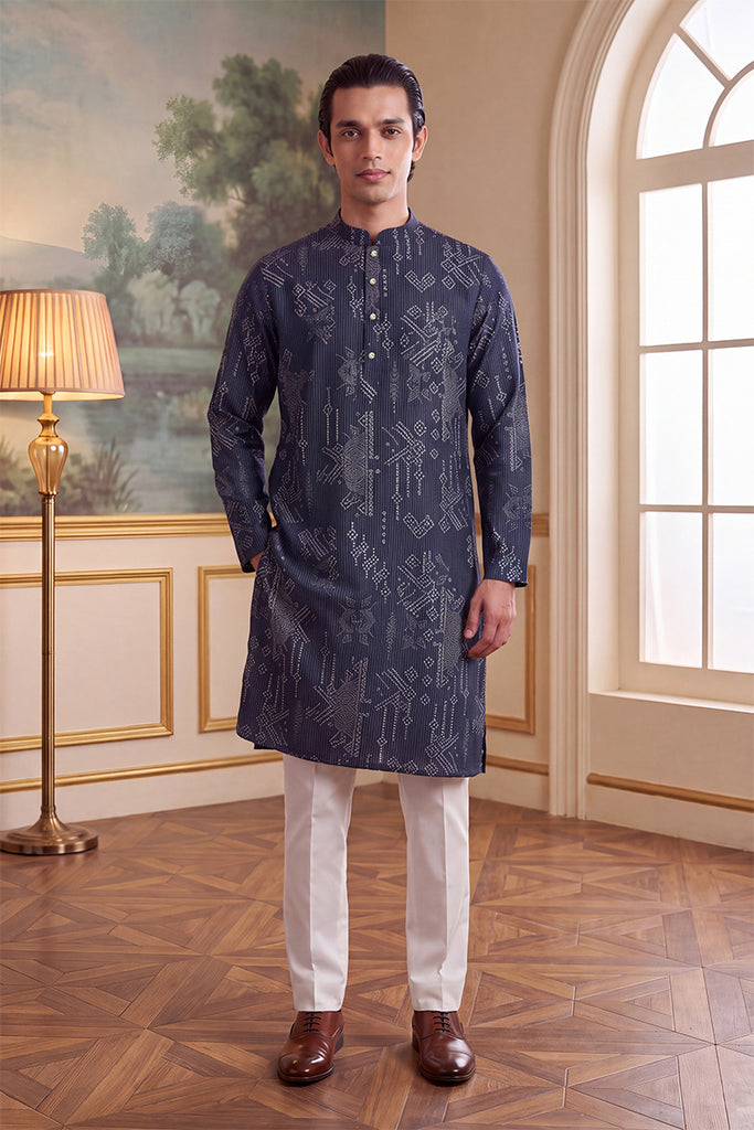 Blue Linen Blend Ethnic Motifs Printed Kurta MKU2630