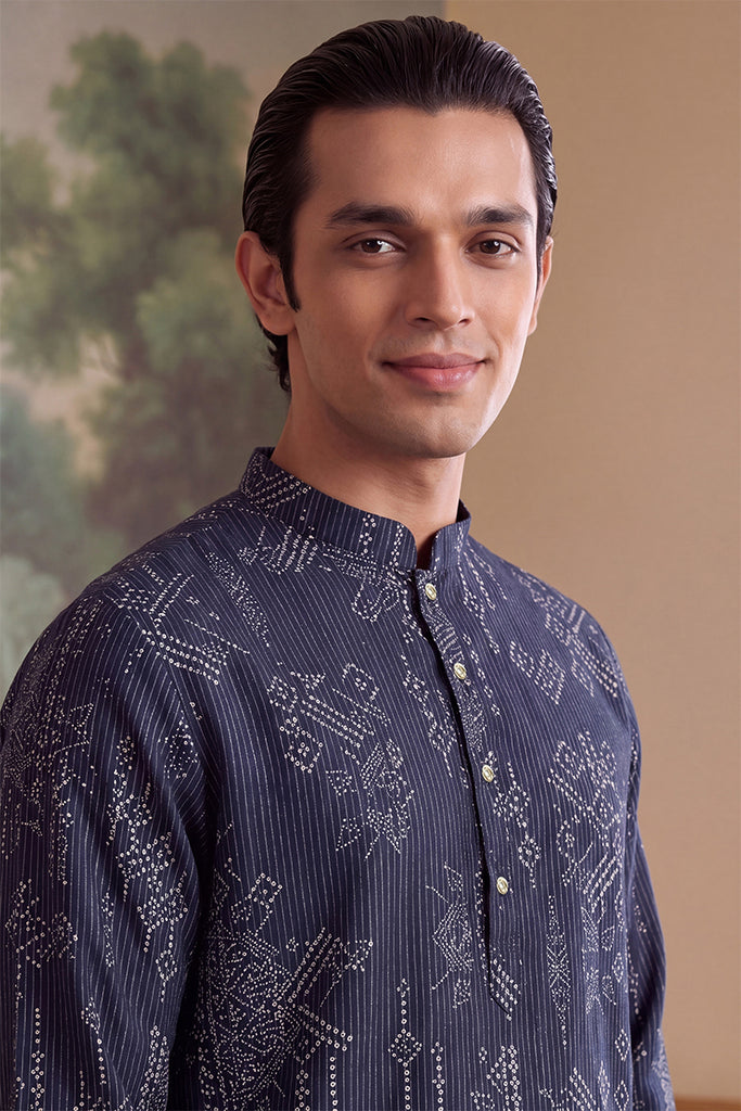 Blue Linen Blend Ethnic Motifs Printed Kurta With Trouser MKSET2630
