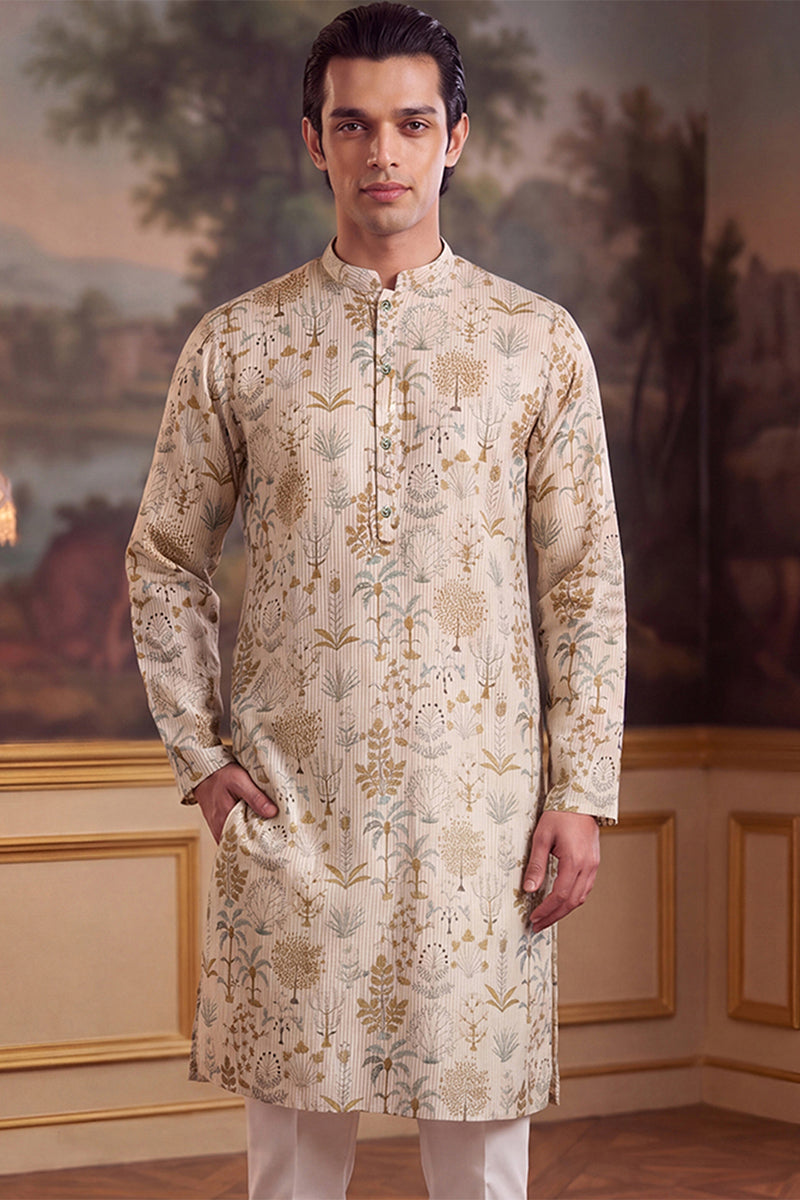 Off White Linen Blend Ethnic Motifs Printed Kurta MKU2631