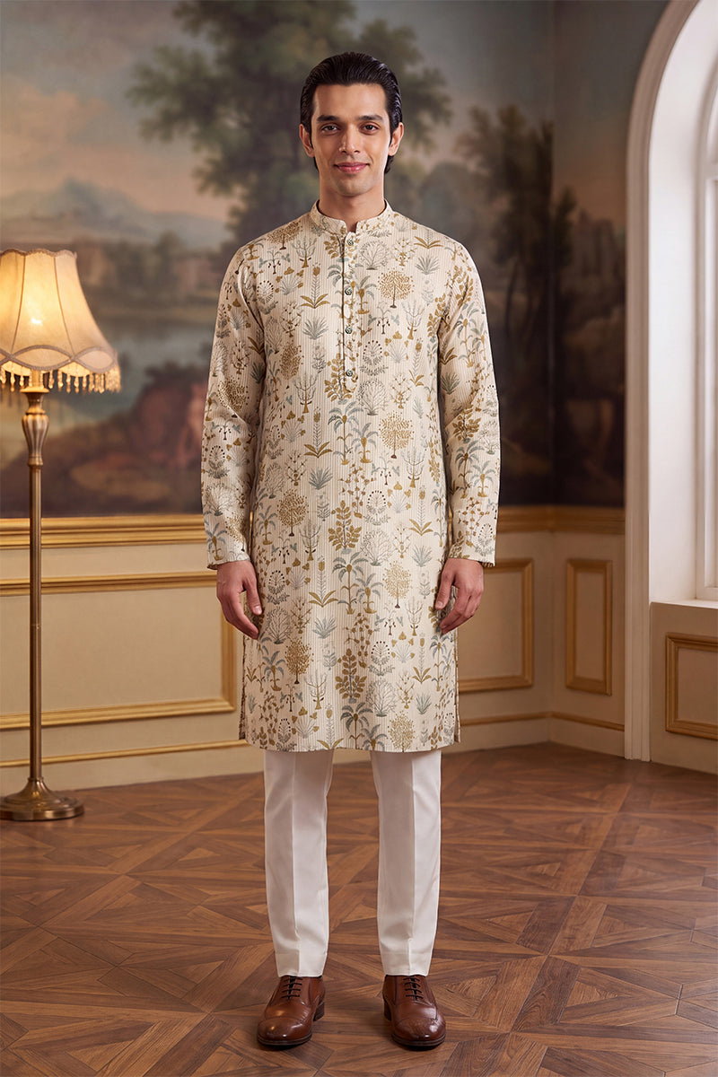 Off White Linen Blend Ethnic Motifs Printed Kurta With Trouser MKSET2631
