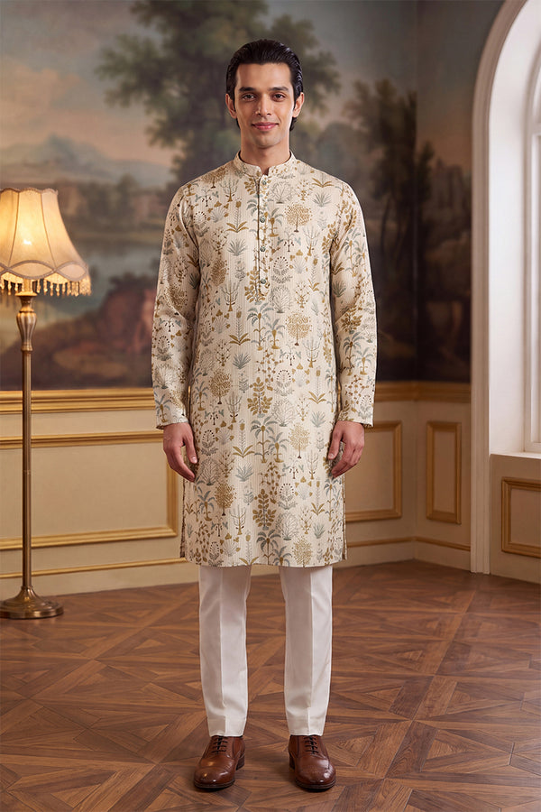 Off White Linen Blend Ethnic Motifs Printed Kurta MKU2631