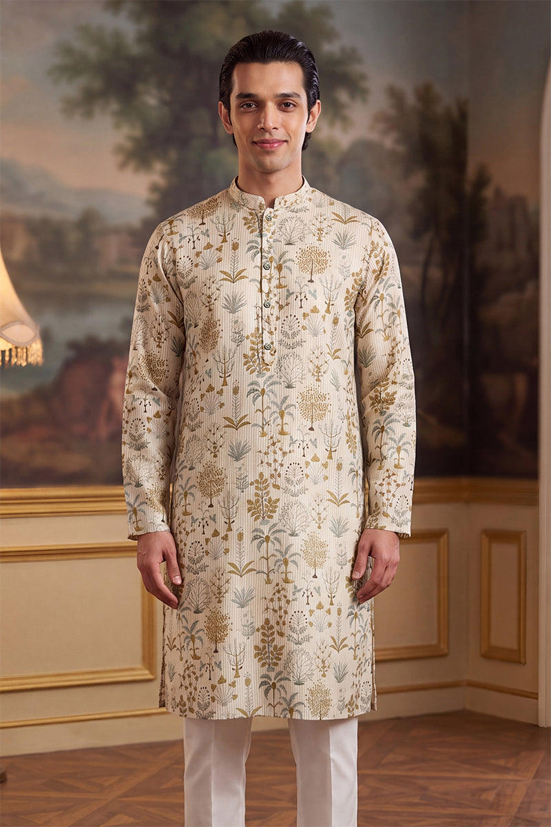 Off White Linen Blend Ethnic Motifs Printed Kurta MKU2631