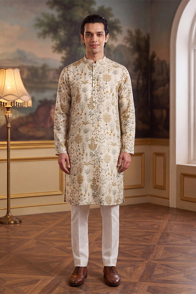 Off White Linen Blend Ethnic Motifs Printed Kurta With Trouser MKSET2631
