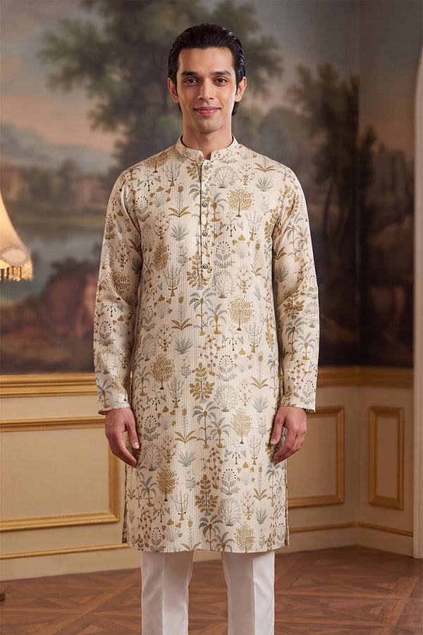 Off White Linen Blend Ethnic Motifs Printed Kurta MKU2631