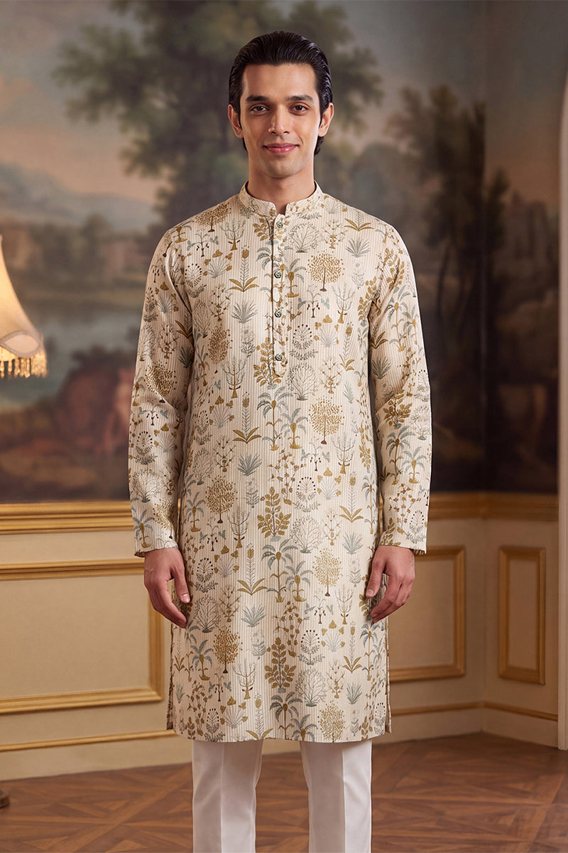 Off White Linen Blend Ethnic Motifs Printed Kurta With Trouser MKSET2631