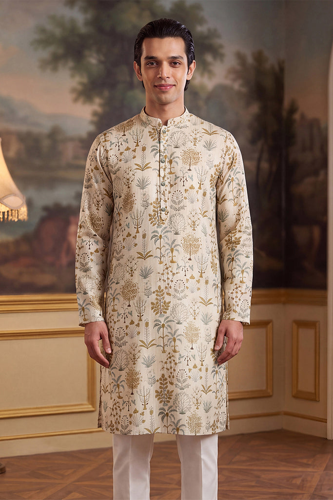 Off White Linen Blend Ethnic Motifs Printed Kurta MKU2631
