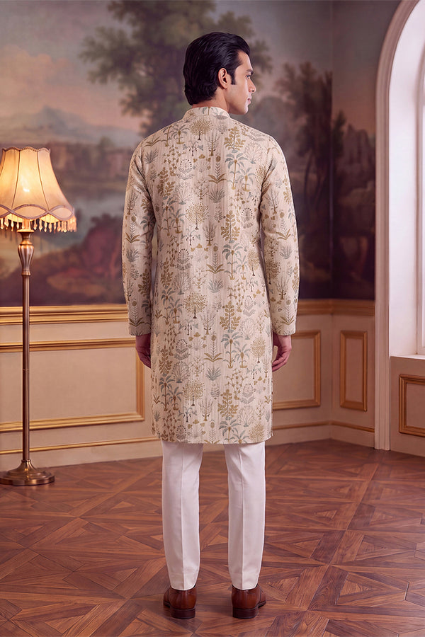 Off White Linen Blend Ethnic Motifs Printed Kurta With Trouser MKSET2631