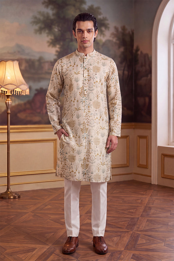 Off White Linen Blend Ethnic Motifs Printed Kurta MKU2631