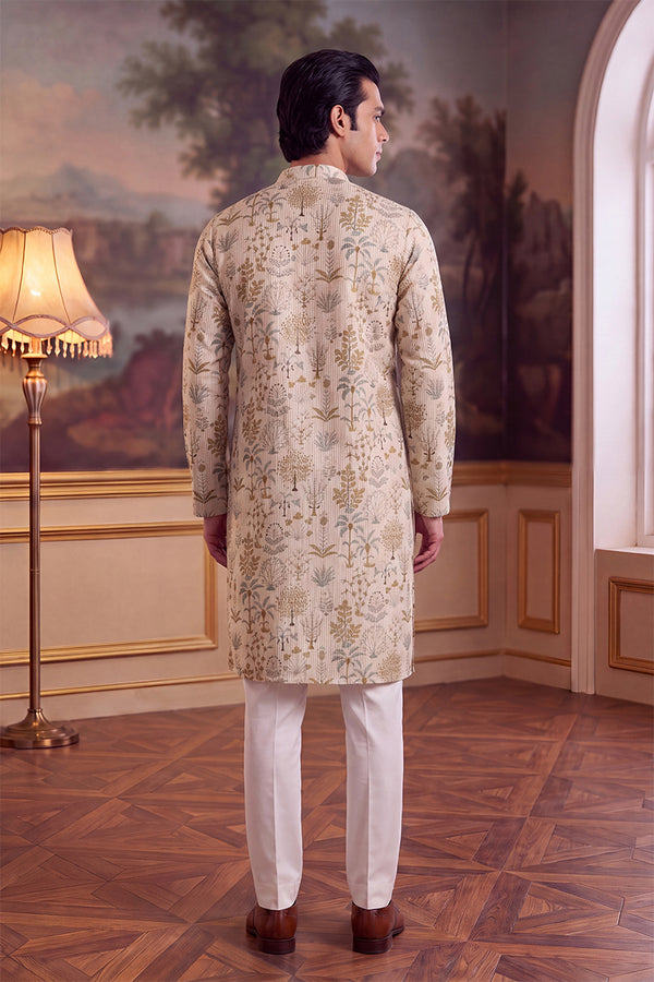 Off White Linen Blend Ethnic Motifs Printed Kurta MKU2631