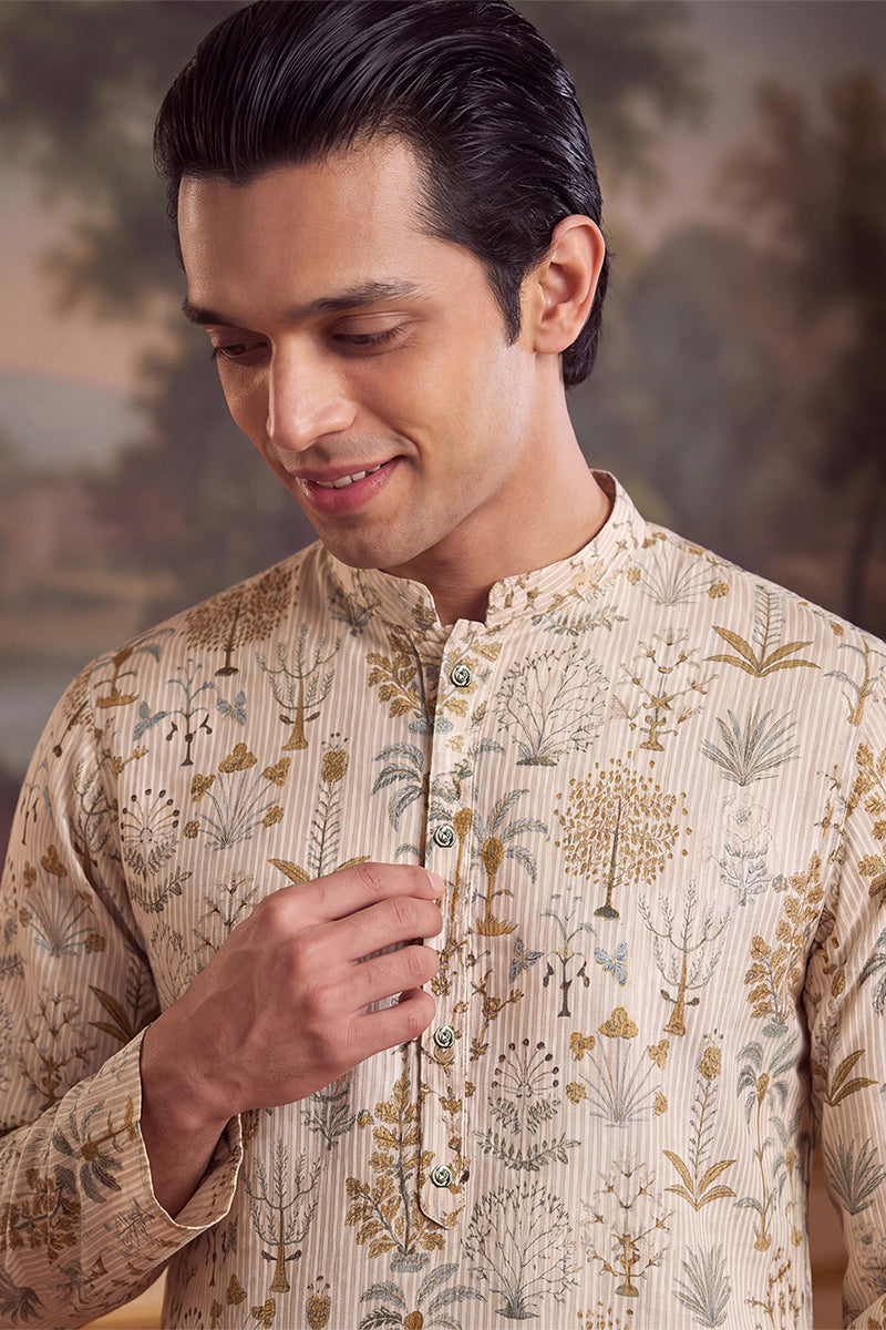 Off White Linen Blend Ethnic Motifs Printed Kurta MKU2631
