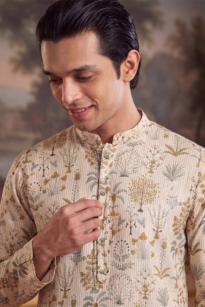 Off White Linen Blend Ethnic Motifs Printed Kurta MKU2631