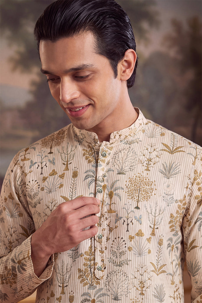 Off White Linen Blend Ethnic Motifs Printed Kurta With Trouser MKSET2631