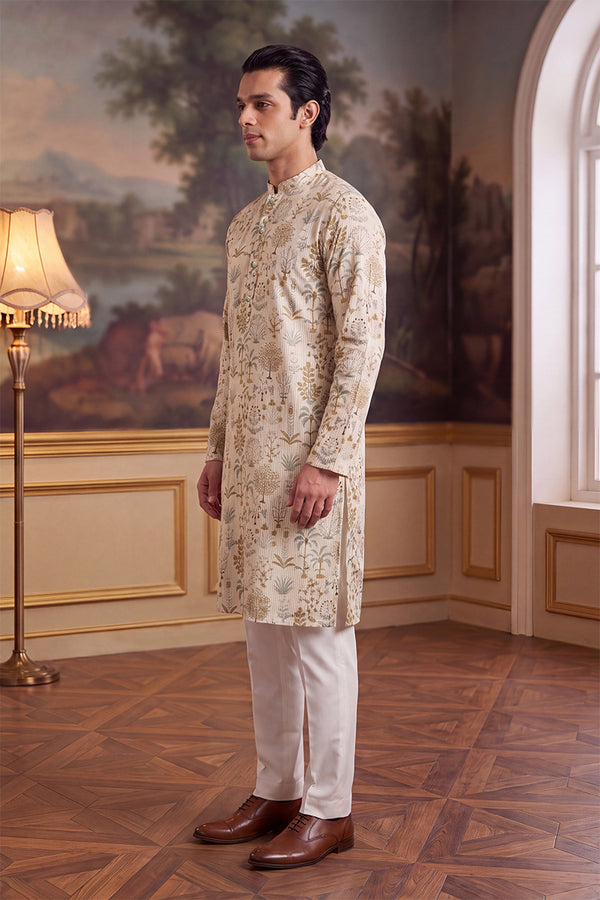 Off White Linen Blend Ethnic Motifs Printed Kurta MKU2631