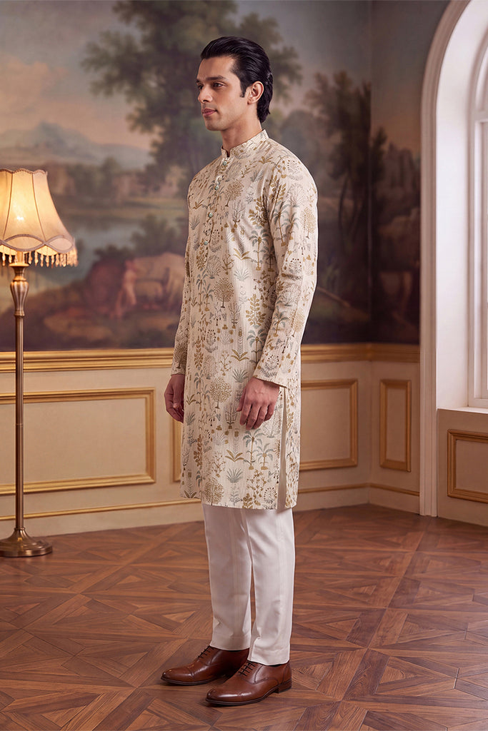 Off White Linen Blend Ethnic Motifs Printed Kurta MKU2631