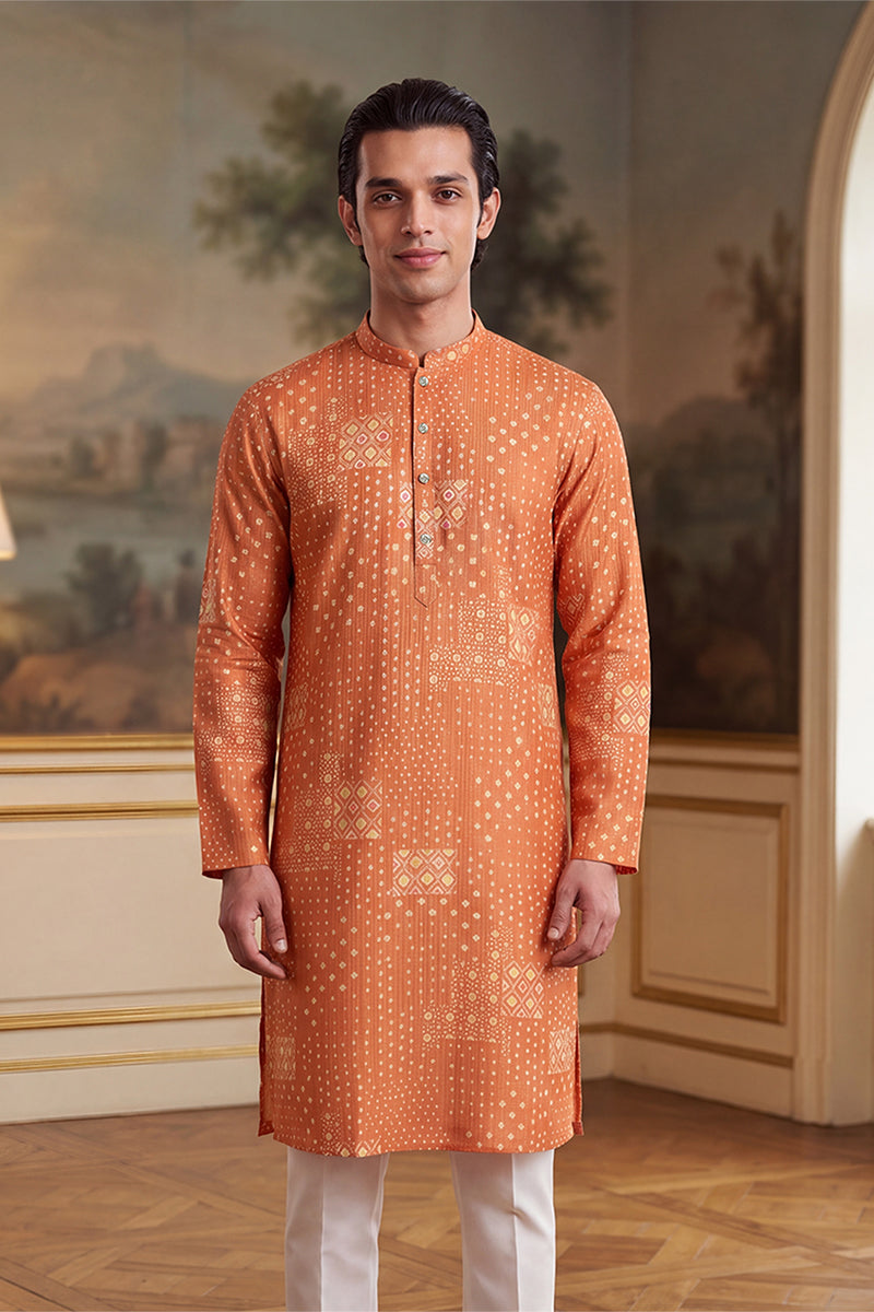 Orange Linen Blend Bandhani Printed Kurta MKU2638