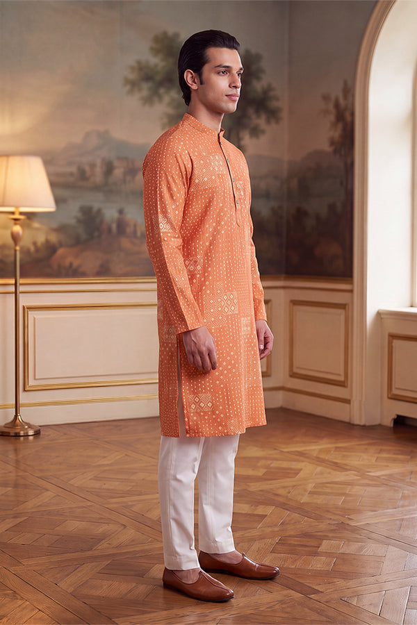 Orange Linen Blend Bandhani Printed Kurta MKU2638