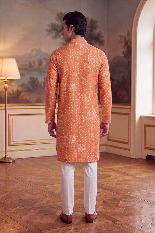 Orange Linen Blend Bandhani Printed Kurta MKU2638