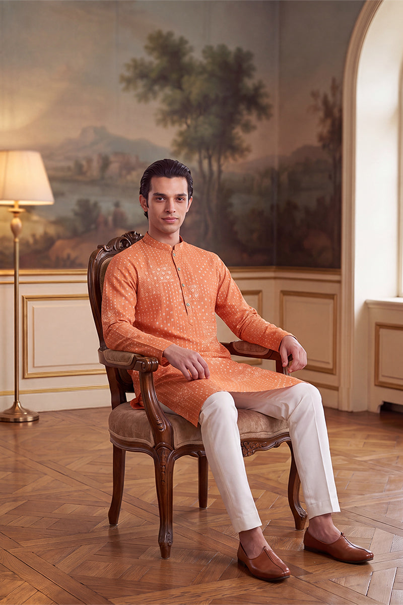 Orange Linen Blend Bandhani Printed Kurta With Trouser MKSET2638