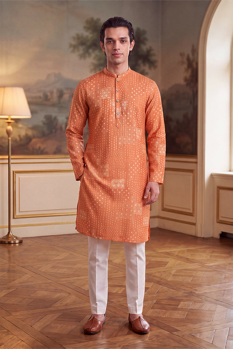 Orange Linen Blend Bandhani Printed Kurta MKU2638