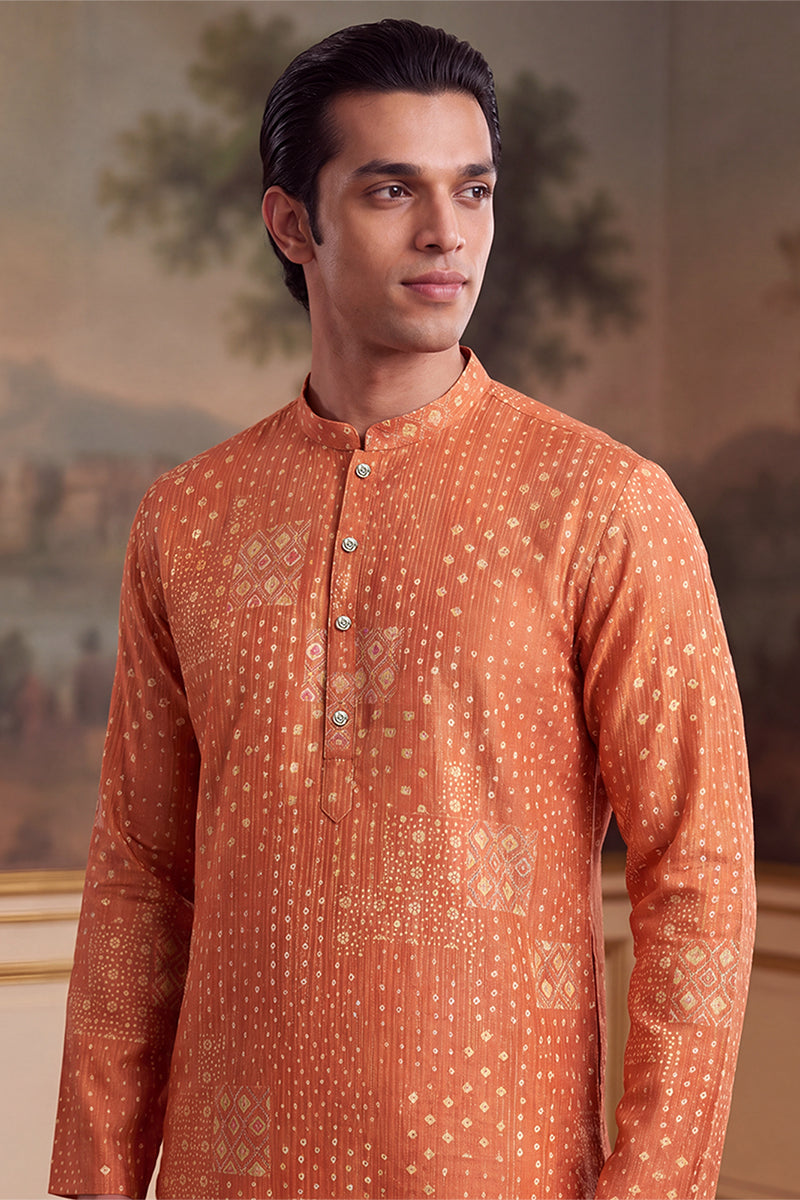 Orange Linen Blend Bandhani Printed Kurta MKU2638