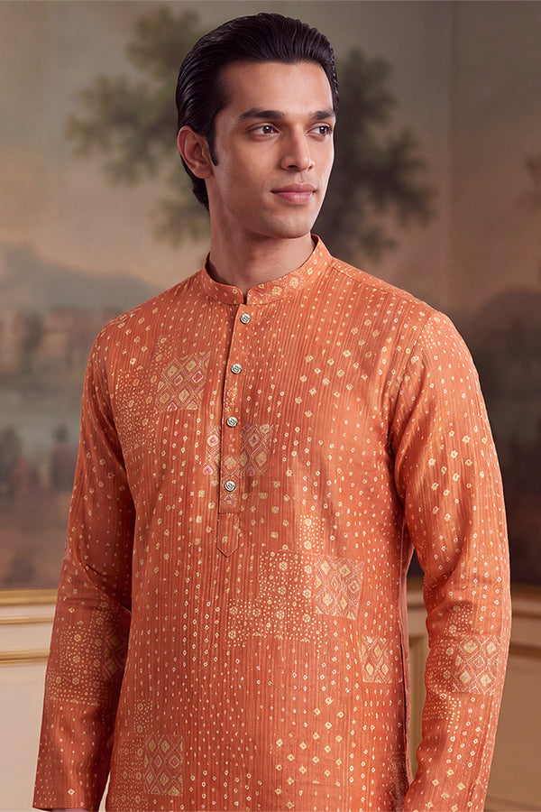 Orange Linen Blend Bandhani Printed Kurta MKU2638